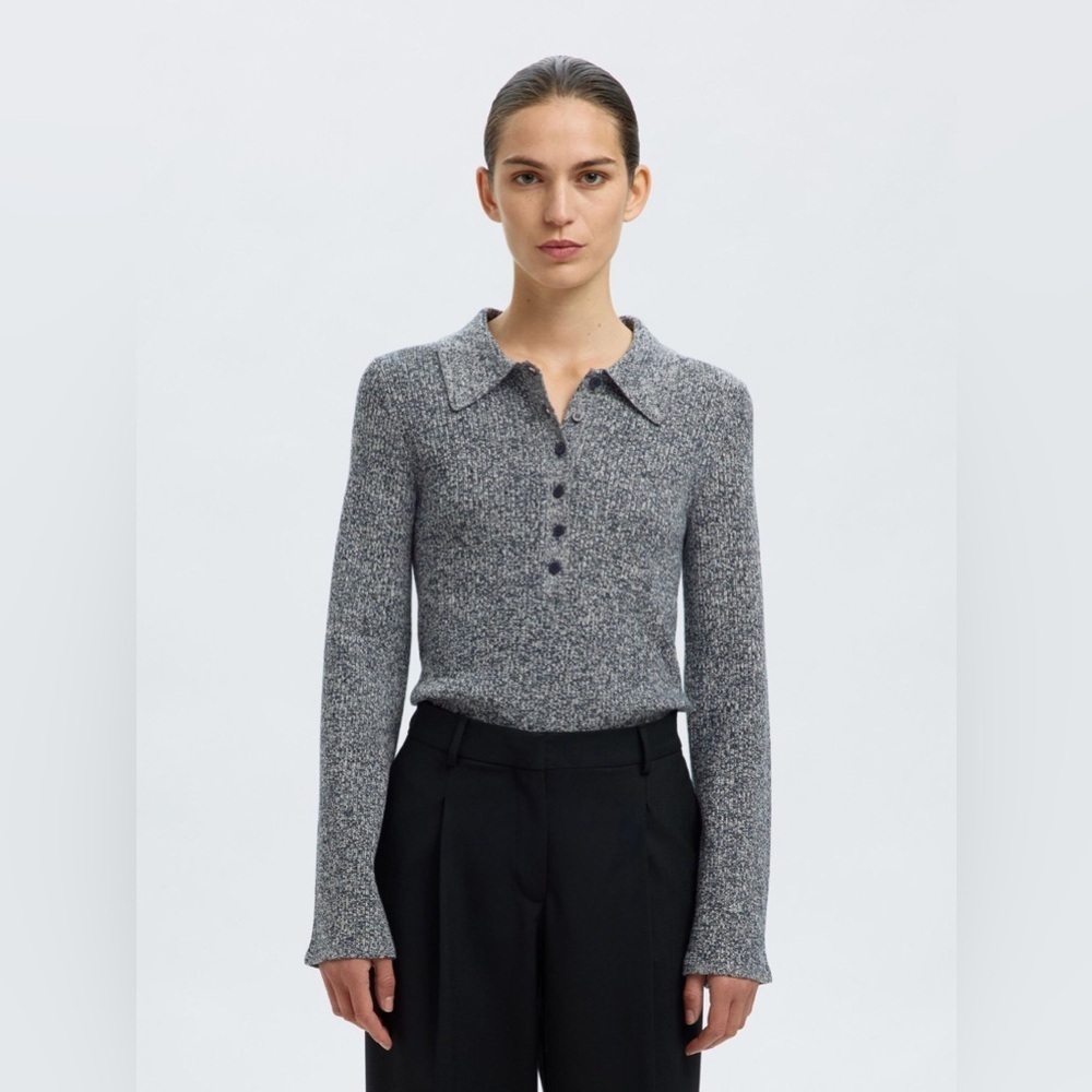 Selected Femme Knitted Polo Sweater in Dark Sapphire/Birch Mix – Size XL – NWT